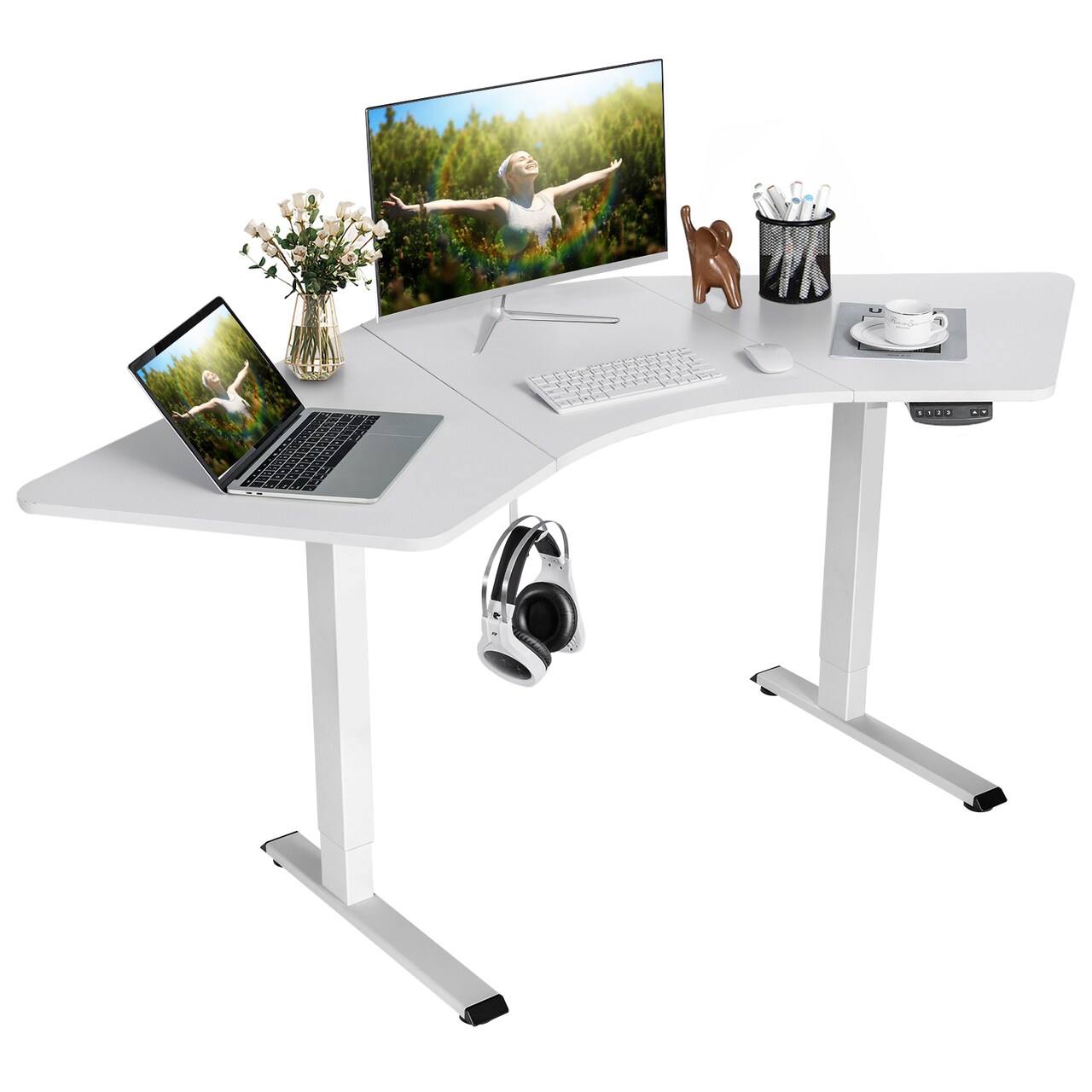 Costway Dual-motor L Shaped Standing Desk Ergonomic Sit Stand Computer Workstation Touch Control Panel Electric Height-adjustable Desk Home Office